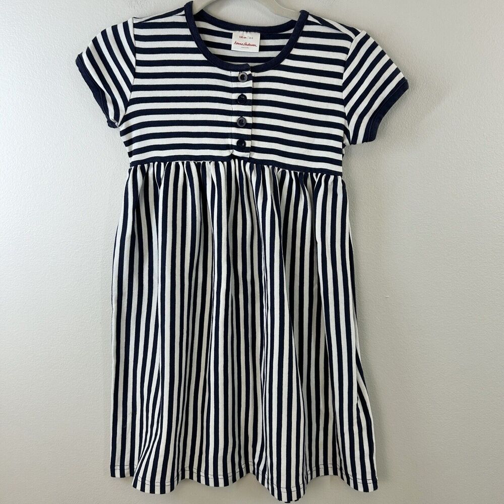 Hanna Anderson Dress Girls 8 Navy White Stripe Play Round Neck‎ Short Sleeve